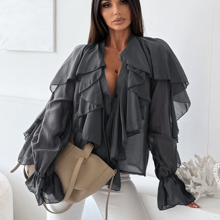 V neck Long Sleeve Ruffled Blouse