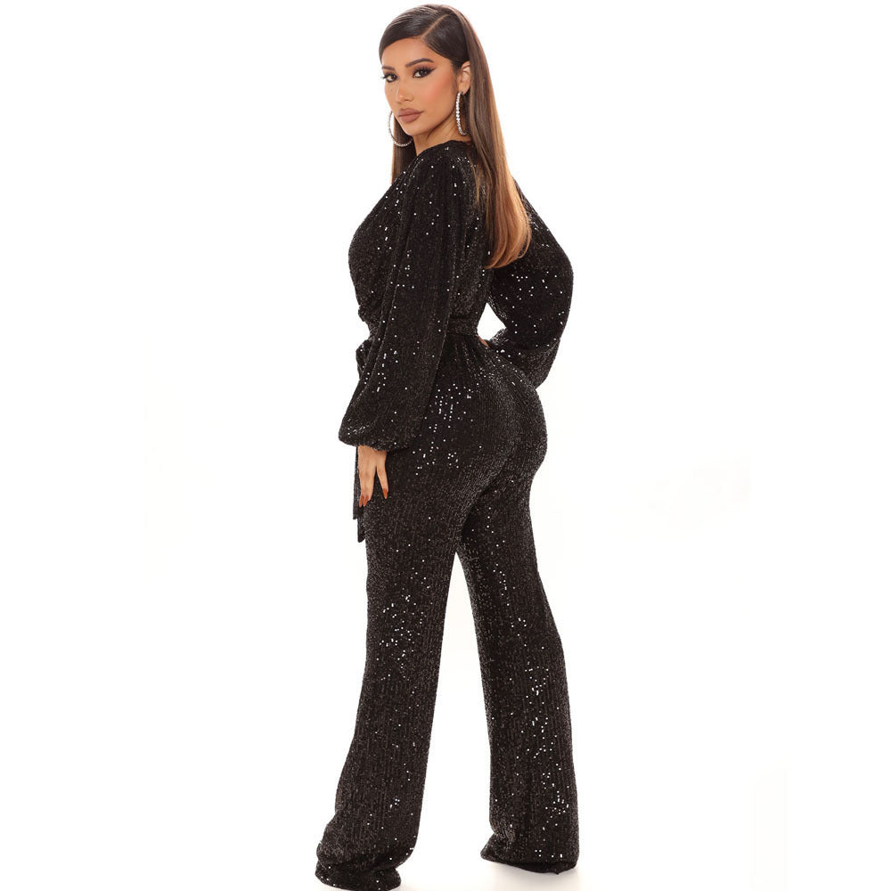 Deep V-neck Sequins Jumpsuit