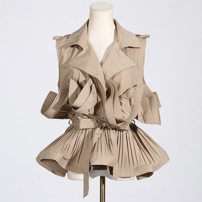 Khaki V neck Pleated Sleeveless Vest Shirt