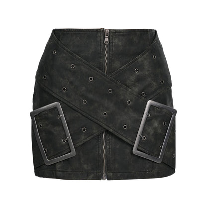 Vintage Metal Buckle Cross Faux Leather Skirt