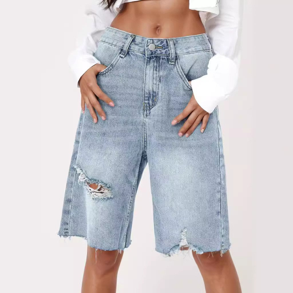 High Waist Distressed Loose Cropped Jeans Shorts