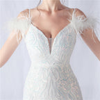 Ostrich Feather Positioning Floral Sequin Wedding Dress