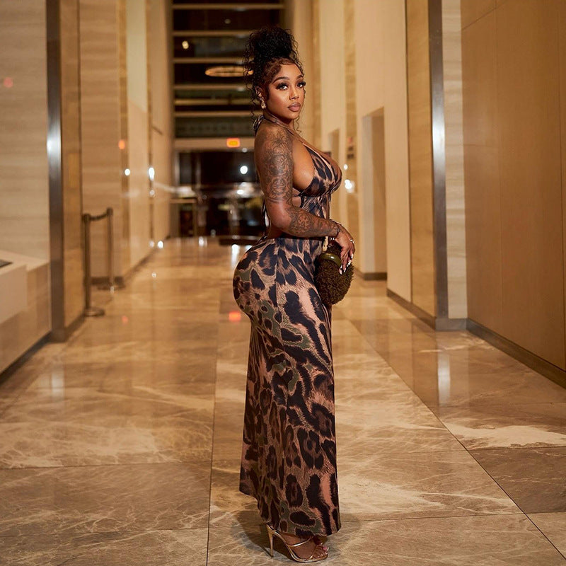 Halter Strap Cropped Backless Leopard Print Maxi Dress