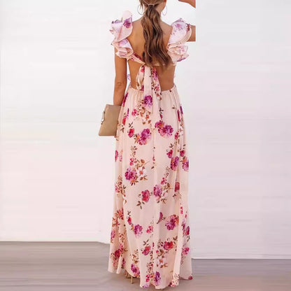 Floral Printing off the Shoulder Backless Maxi Dress