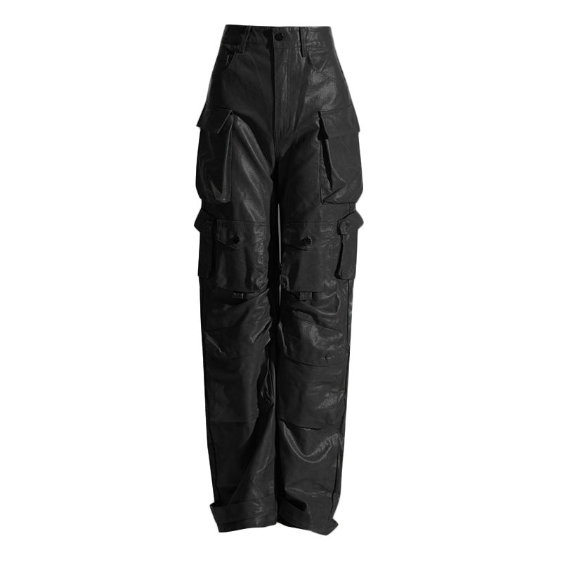 Faux Leather Straight Leg Cargo Pants