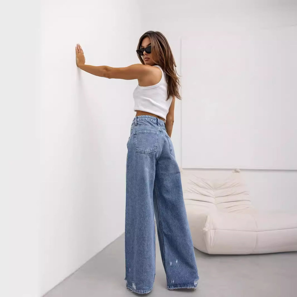 Retro Straight Ripped Wide Leg Jeans