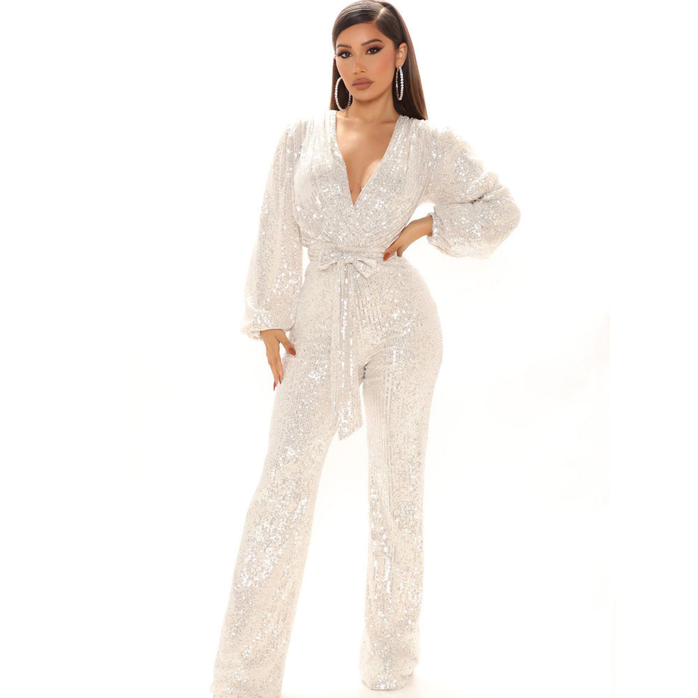 Deep V-neck Sequins Jumpsuit