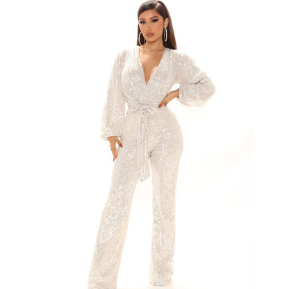 Deep V-neck Sequins Jumpsuit