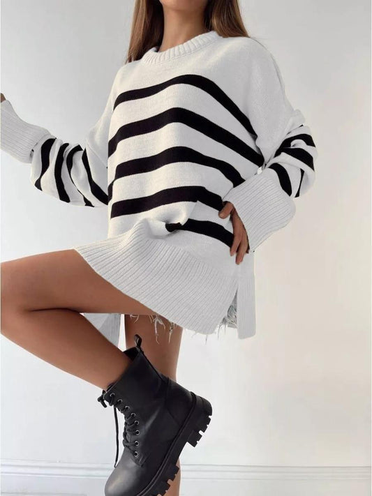 Black & White Striped Crew Neck Sweater