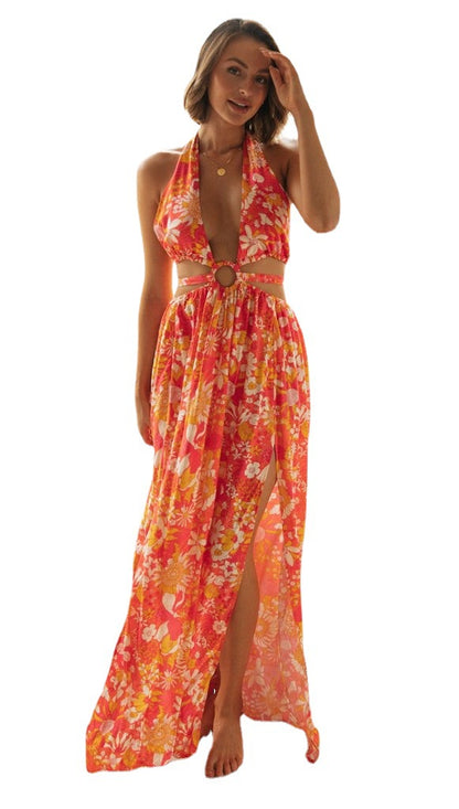 Women V-neck Printing Slip Dress