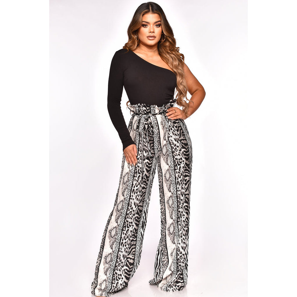 Animal Printed One Shoulder Strap Wide Leg Jumpsuit
