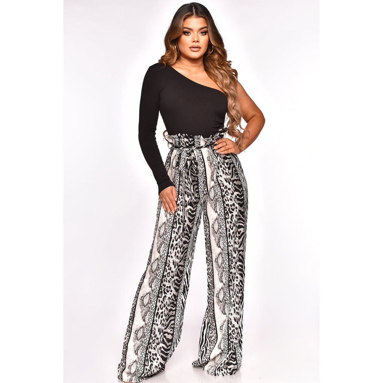 One Shoulder Wide Leg Animal Printed Jumpsuit