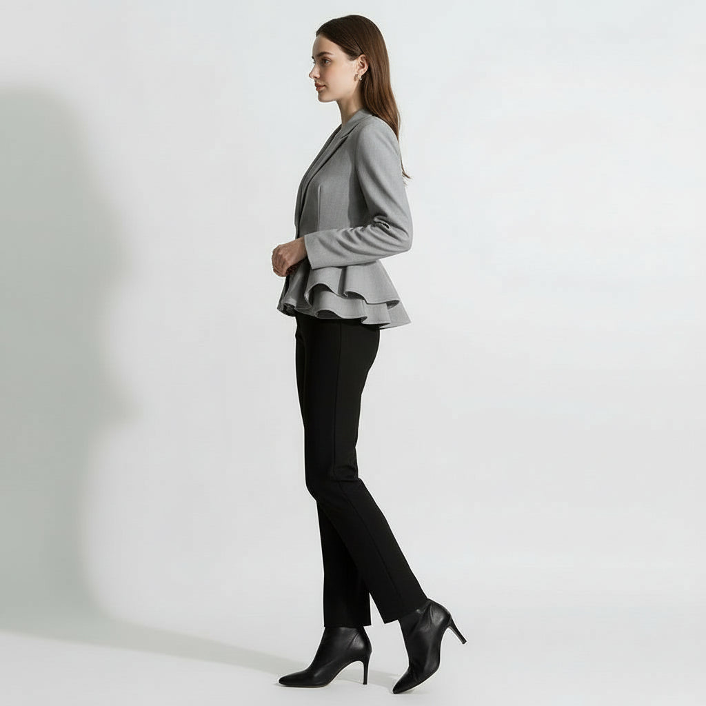 Gray Double Breasted Ruffled Waist Office Blazer