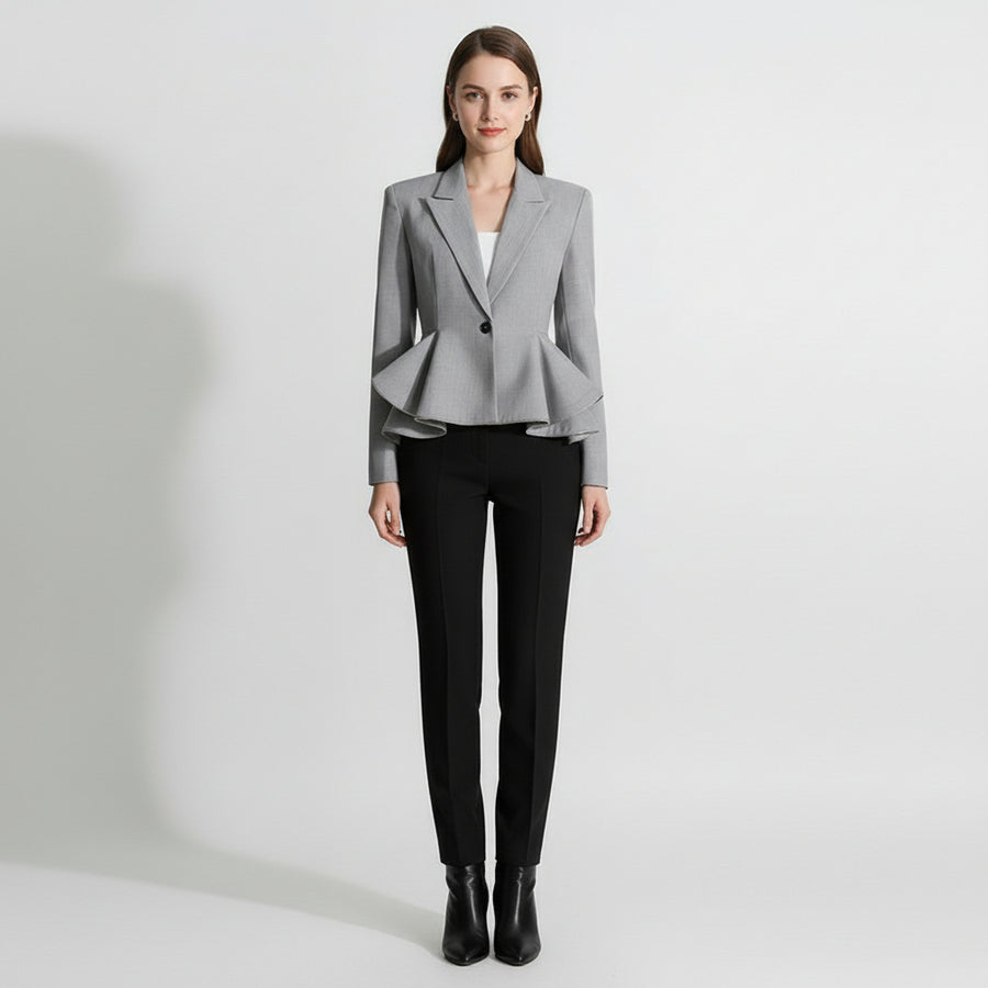 Gray Double Breasted Ruffled Waist Office Blazer