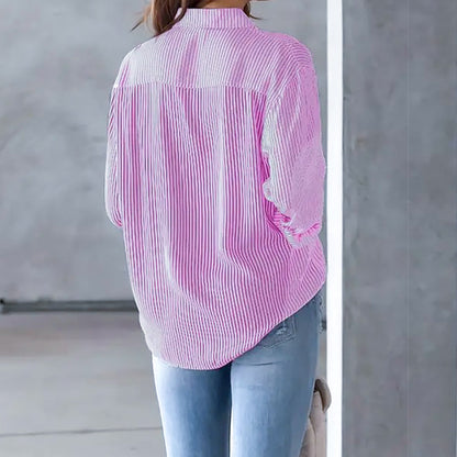 Women Clothing Autumn Striped Cardigan Loose Casual Polo Collar Long Sleeve Button Shirt