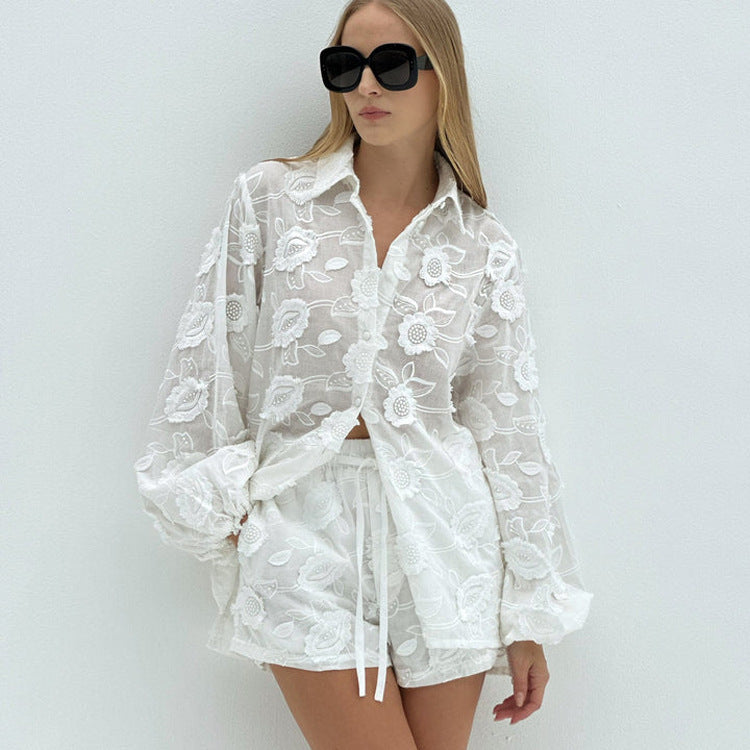 Sexy Suit Spring Autumn Cotton Embroidered Transparent Shirt High Waist Shorts