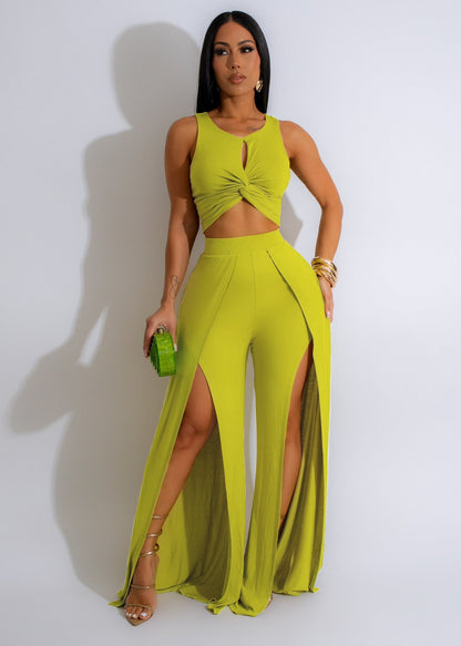 Women Wear Casual Suit Split Vest Wide Leg Pants Two Piece Set