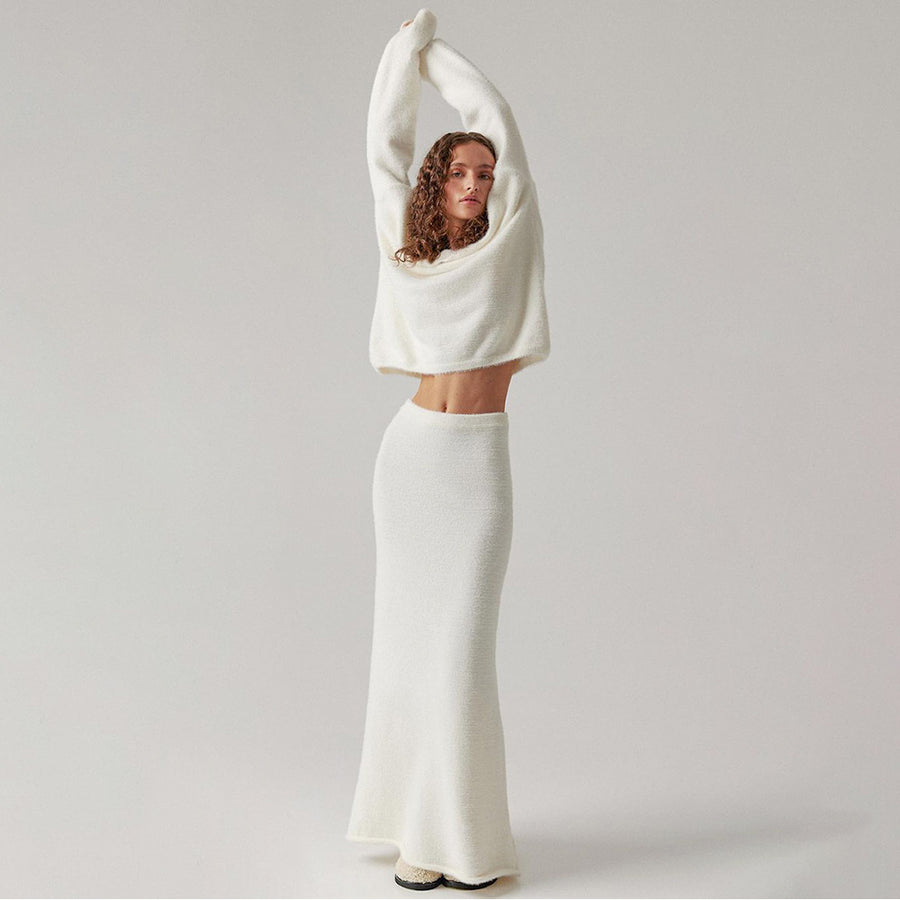 White Knitting Sweater Skirt Set