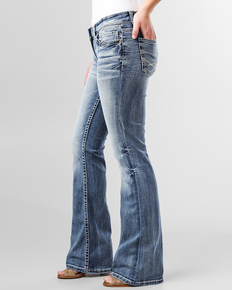 Ladies Vintage Embroidered Pocket Low Waist Jeans