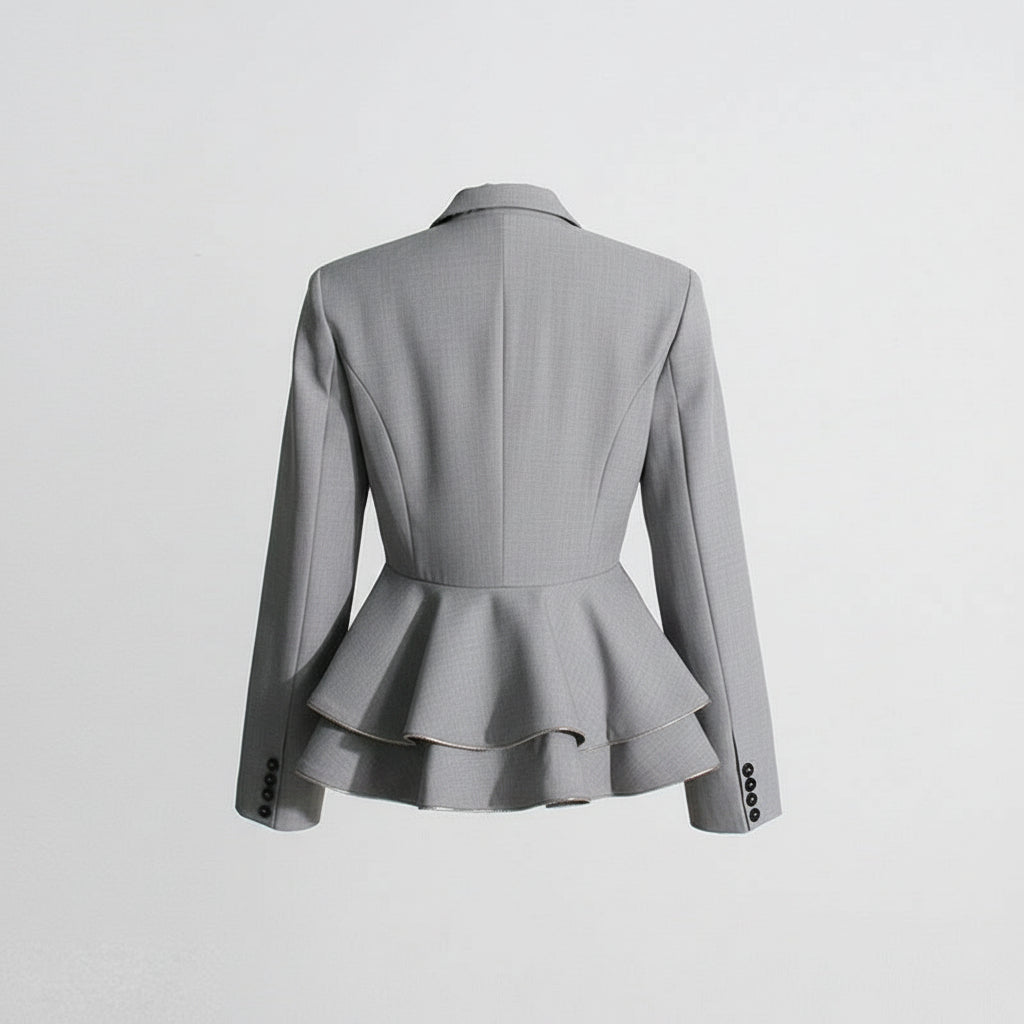 Gray Double Breasted Ruffled Waist Office Blazer