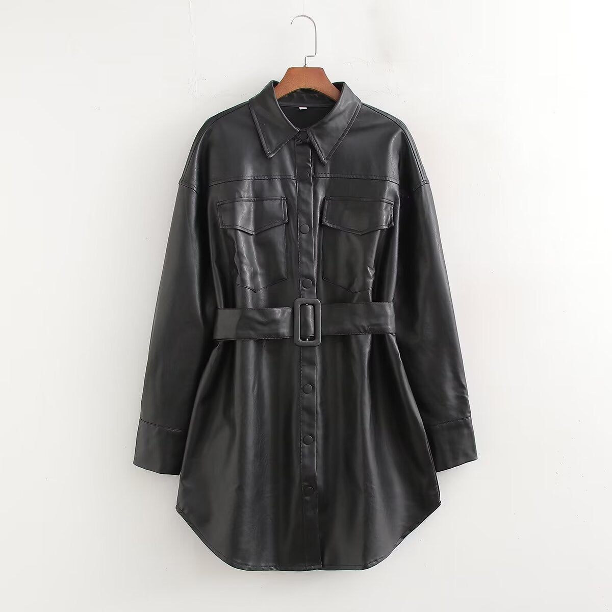 Slim Fit Slimming Mid Length Leather Coat Coat