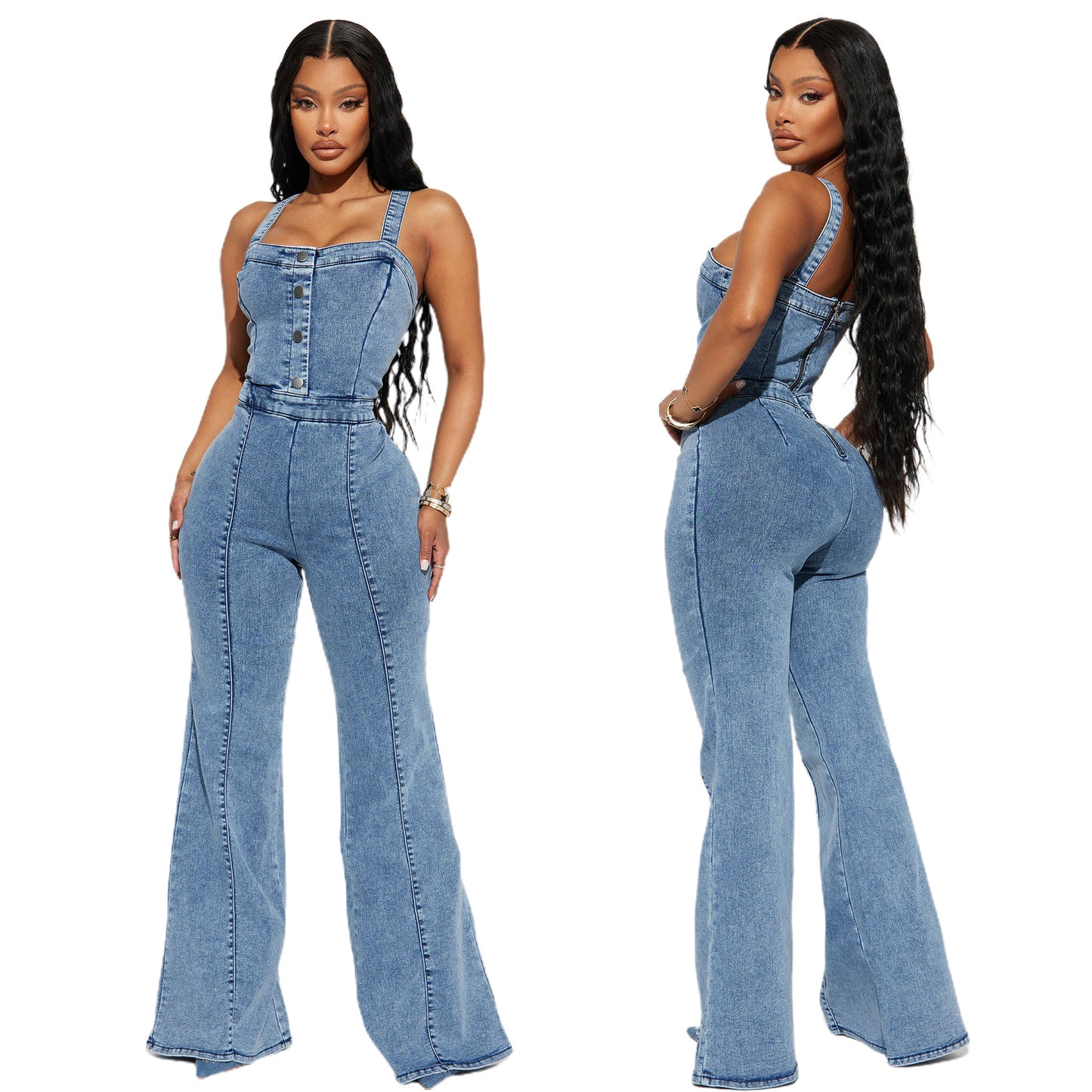 Waist Tight Washed Denim Jumpsuit