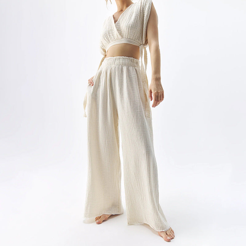 Double Layer Cotton Wide Leg Mopping Pants & Top