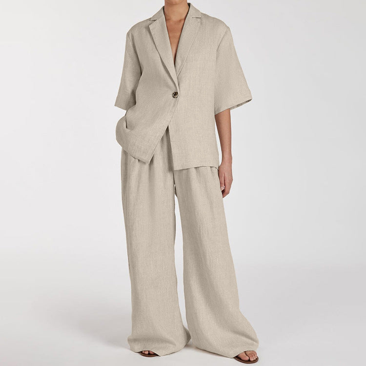 Linen Office Loose Top & Wide Leg Pants Set