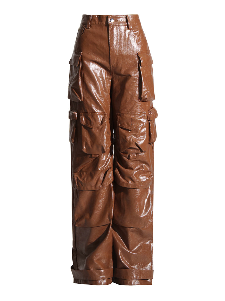 Faux Leather Straight Leg Cargo Pants