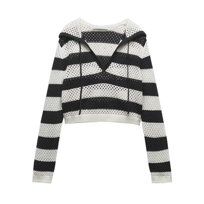 Pullover Hooded Striped Jacquard Knitted Top