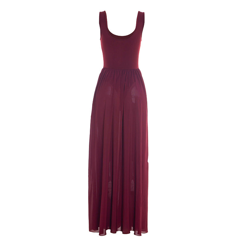 Solid Two Piece Sleeveless Chiffon Patchwork Slit Dress