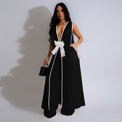 Women Sexy Camellia Bow Sleeveless Long Vest Wide Leg Pants Set