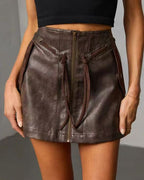 Vintage Faux Leather Coat & Rope Design Hip Skirt Set