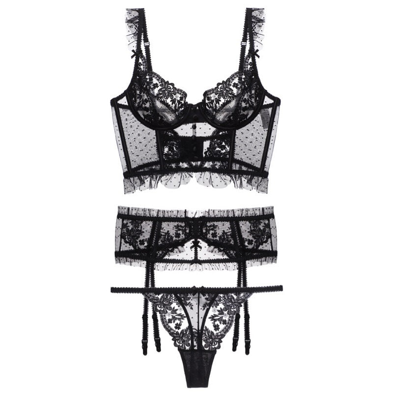 French Push up Beauty Back Polka Dot Embroidered Lace Bra & Panties Set