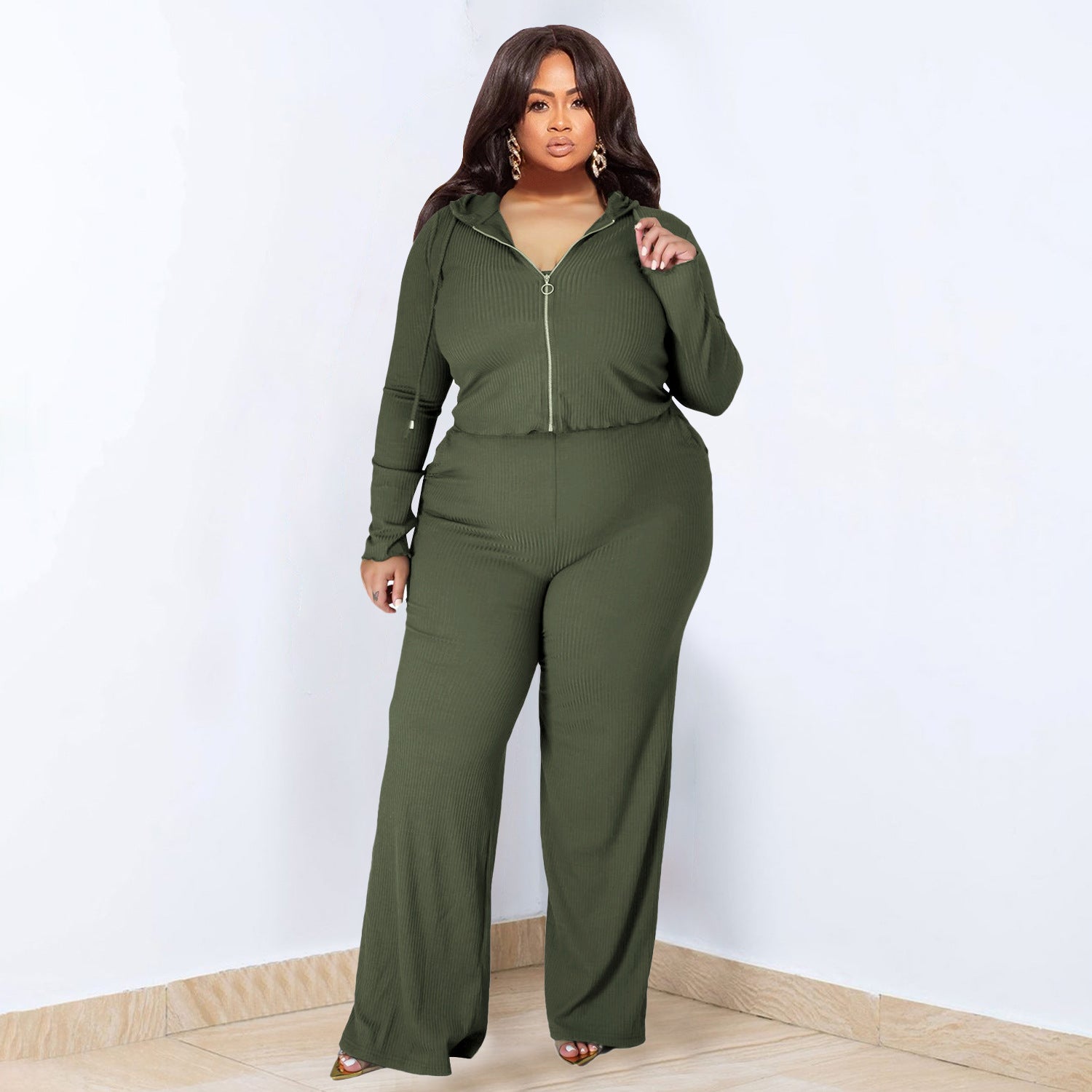 Plus Size High Elastic Sunken Stripe Three Piece Suit Sports Casual Sexy Women Clothing