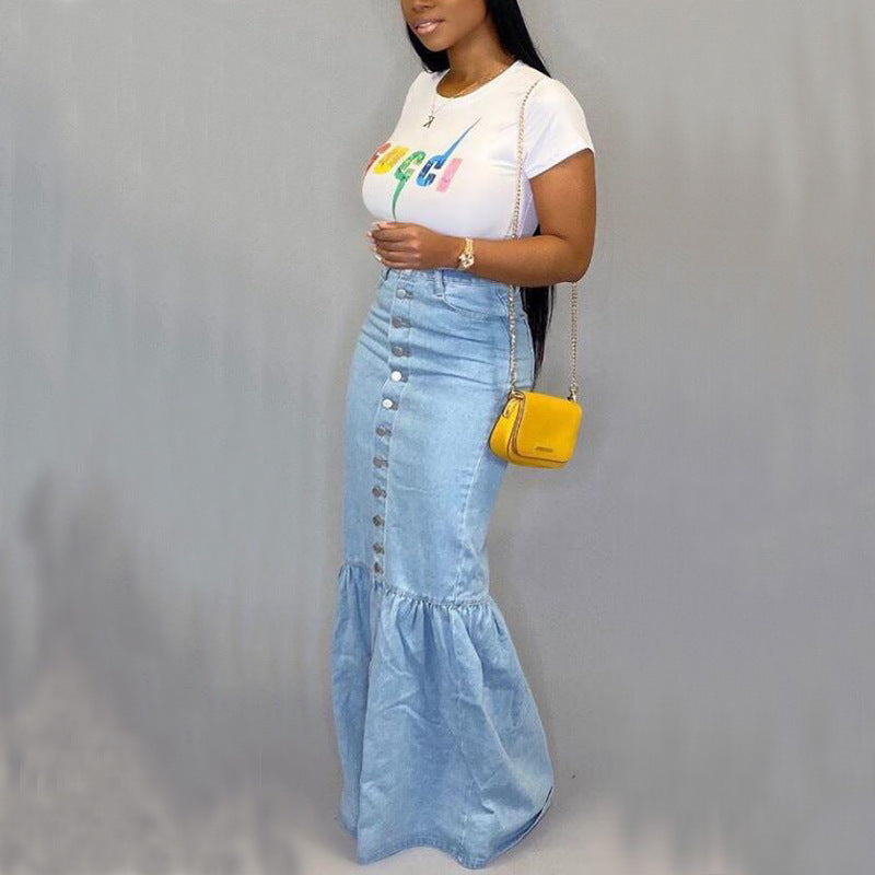 Long Fishtail Denim Skirt
