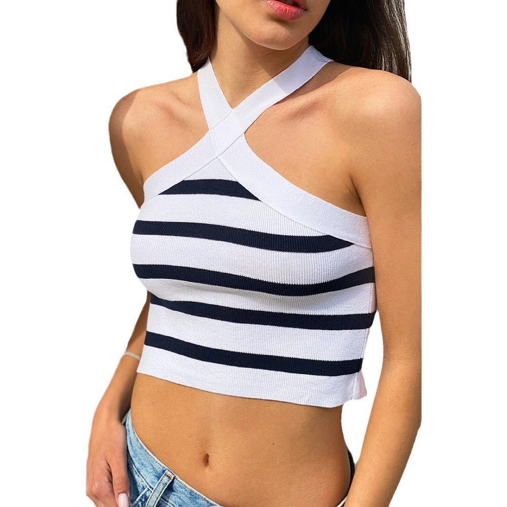 Knitted Striped Cross-Halterneck Top