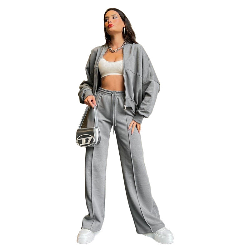 Solid Color Zipper Sweater Sweat Set