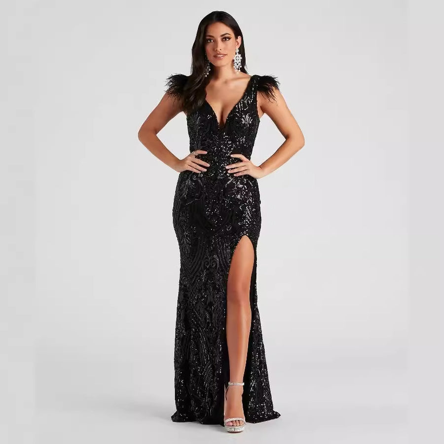 Sequin Feather Maxi Dress | Sleeveless V-Neck Bodycon Gown