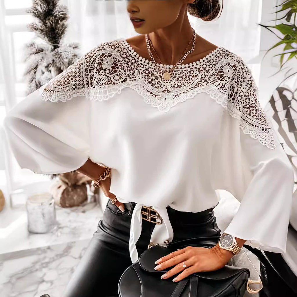 Lace Long Sleeve Blouse – Crew Neck Elegant Office Top