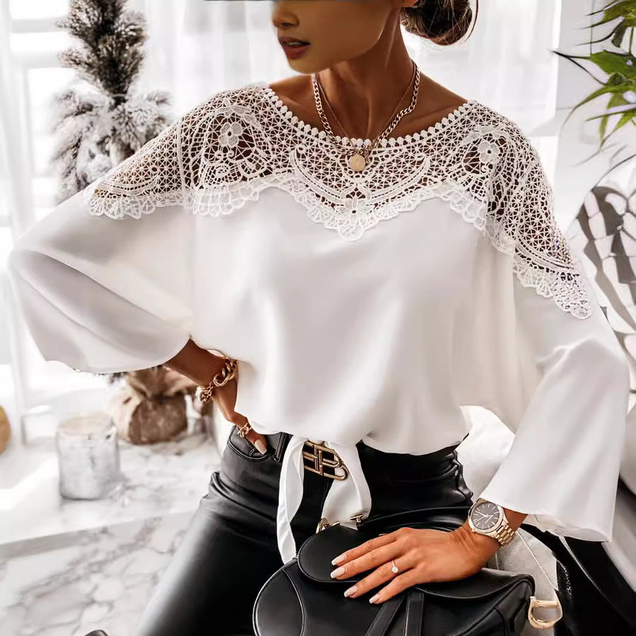 Lace Long Sleeve Blouse – Crew Neck Elegant Office Top