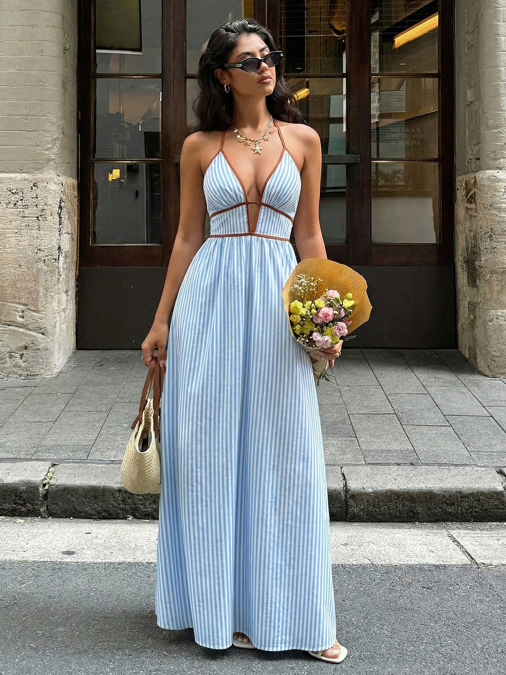 V neck Striped Backless Sleeveless Maxi Dress