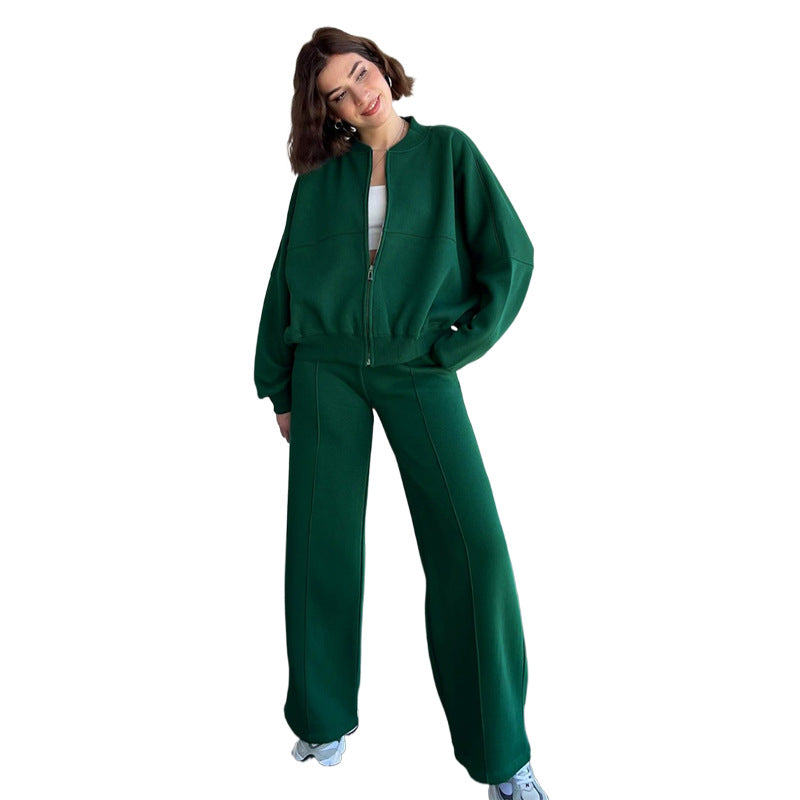 Solid Color Zipper Sweater Sweat Set