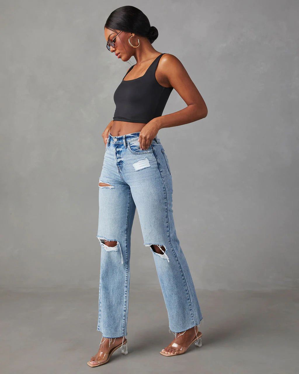 Ripped Washed Raw Heme Jeans