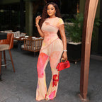 Short Sleeve Sheer Asymmetric Two Piece Pant Sets