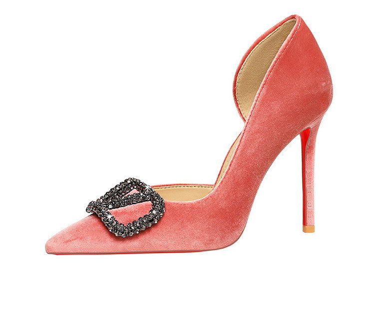 French Elegant Lady Ultra High Heel Stiletto Heel Red Bottom High Grade Rhinestone V Buckle Suede Shoes