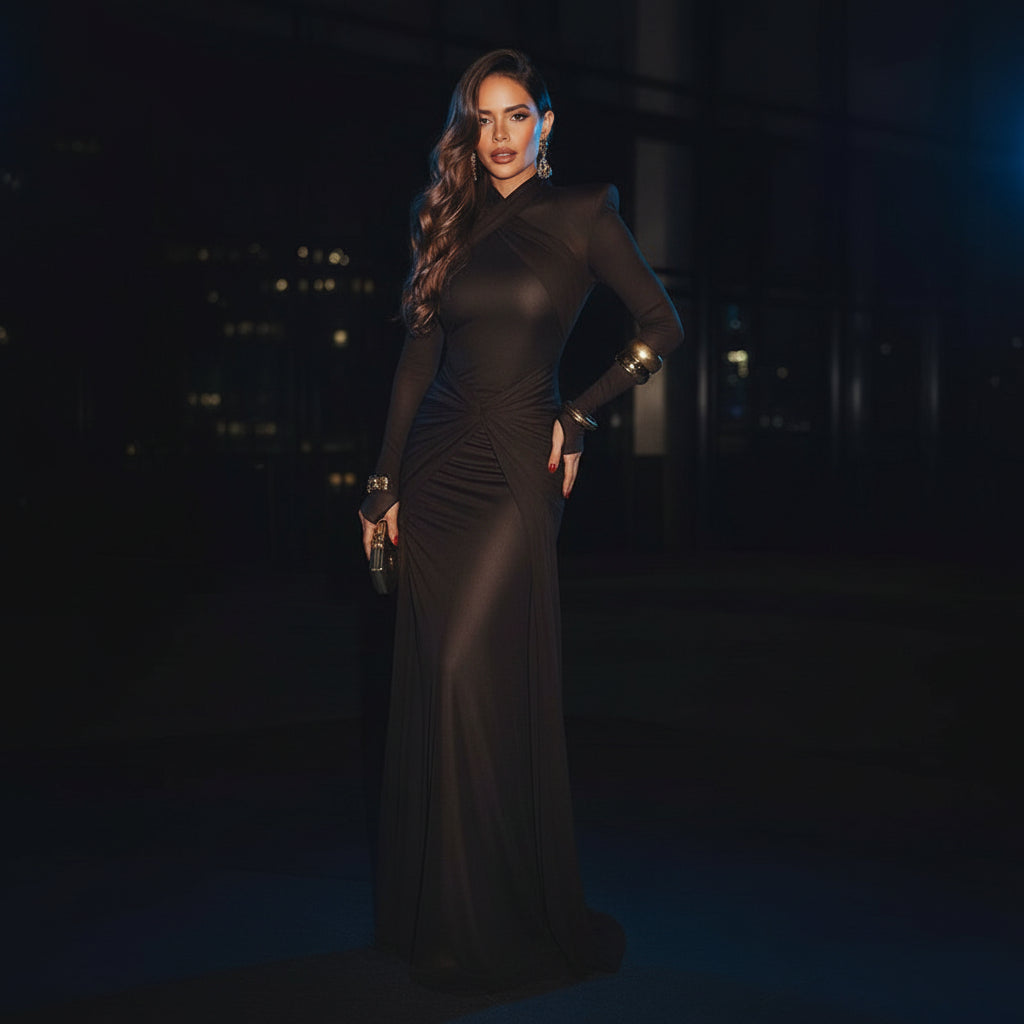 Noir Rope-Tie Ruched Maxi Dress