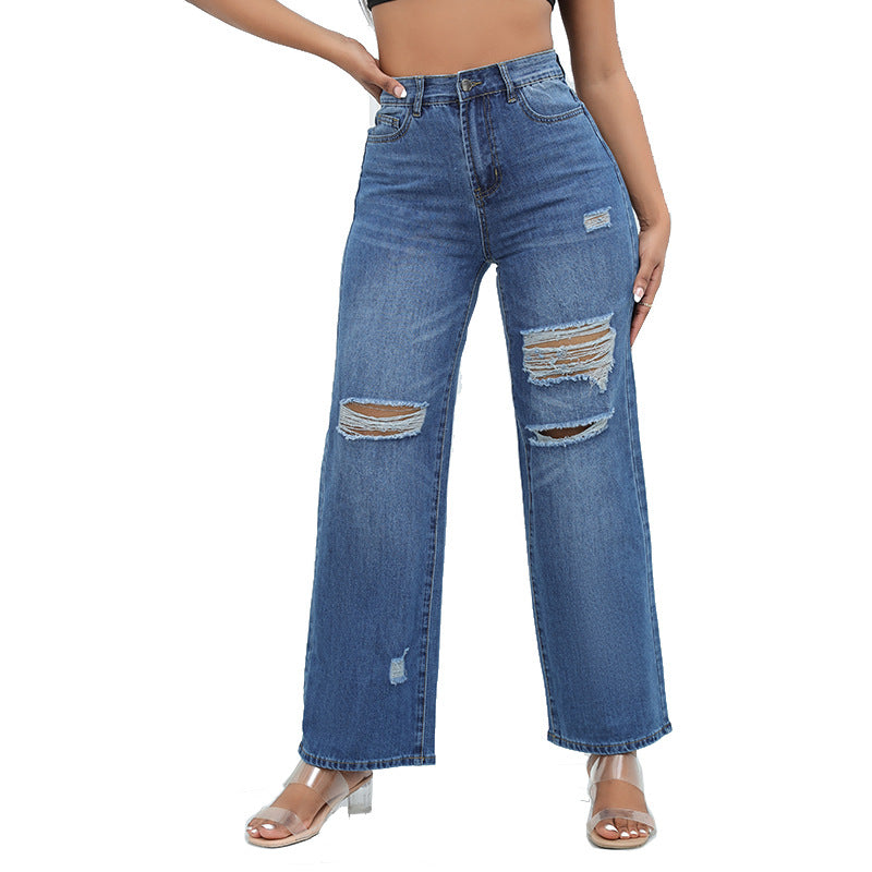 Washed Hole Wide Leg Jeans