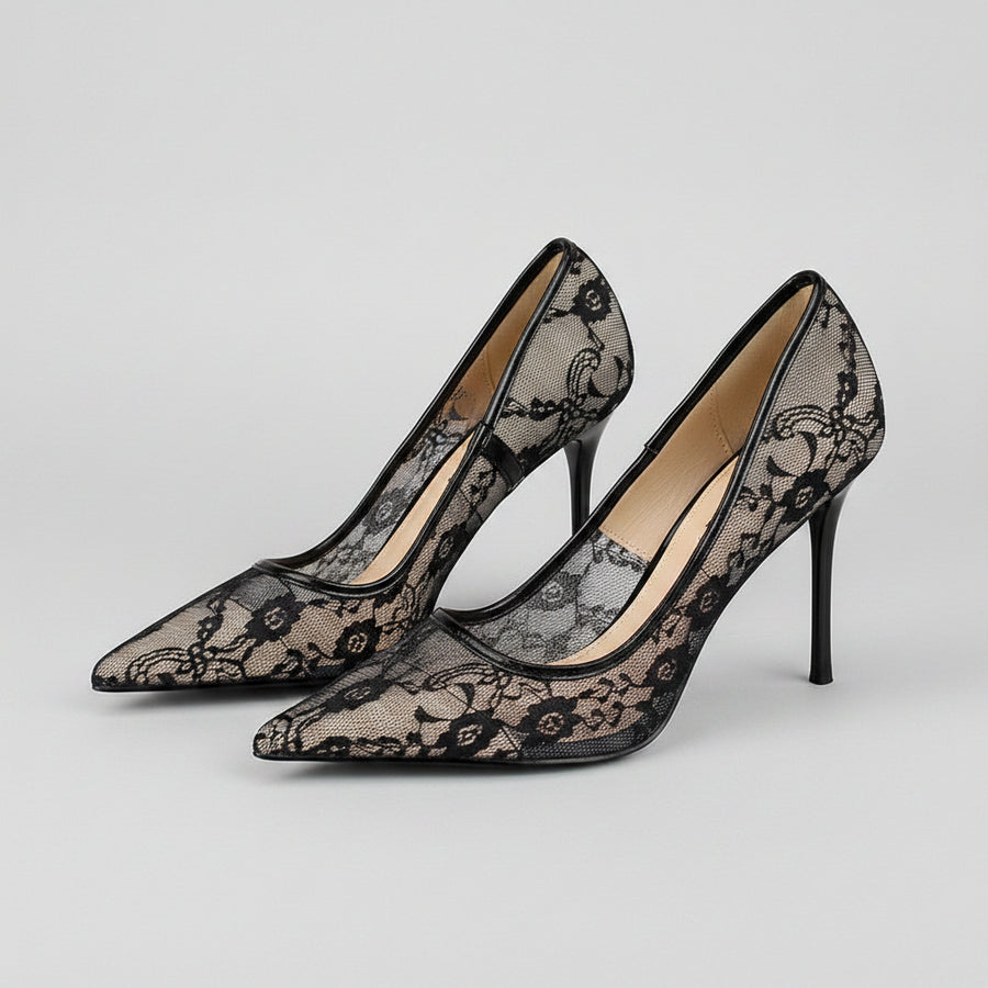 Lace Mesh Cutout Pointed-Toe Stiletto
