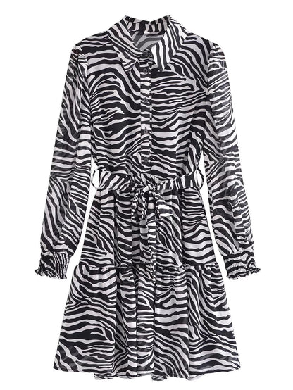 Retro Lapels Animal Print Waist Tie Dress